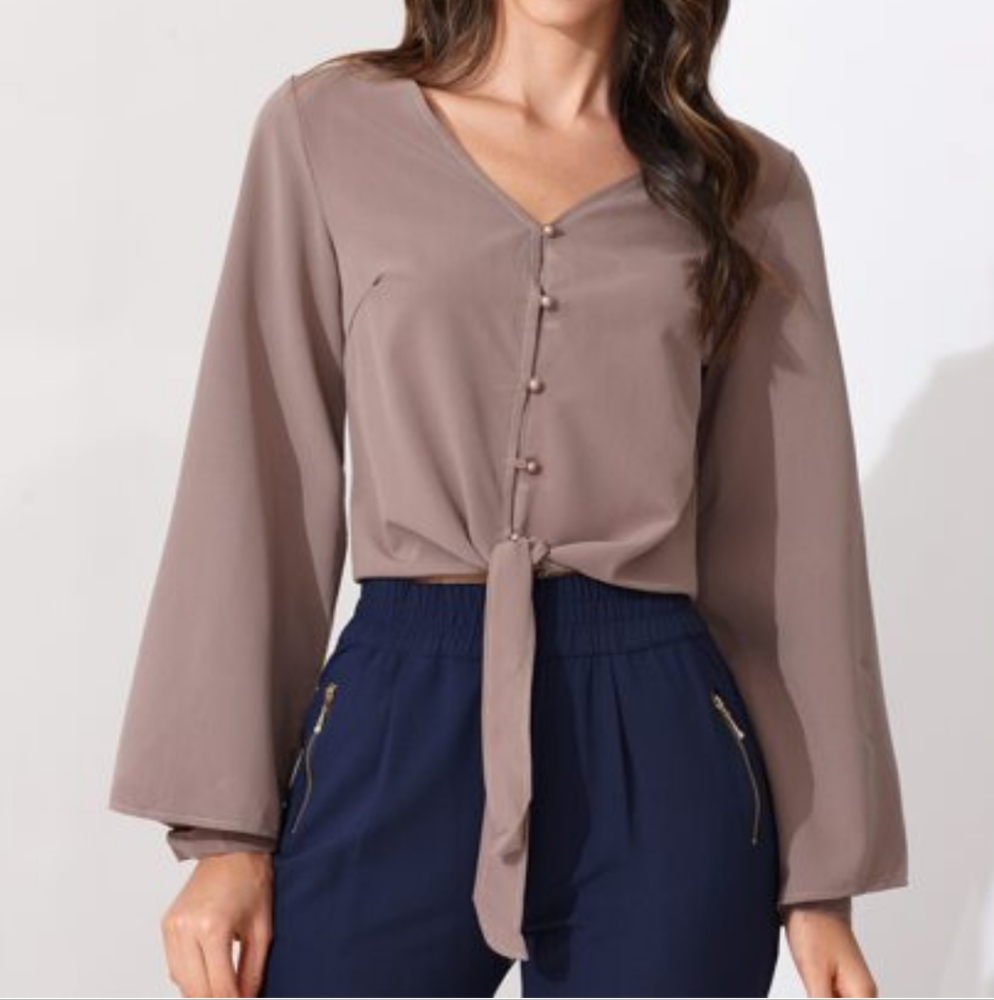 Women's V-Neck Button-Down Blouse - Taupe size XL